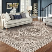 YOUFORTONG 8x10 Washable Oriental Area Rug, Soft Floral Distressed Carpet, Waterproof Stain Resistant Non-Shedding for Living Room Bedroom,Beige ﻿