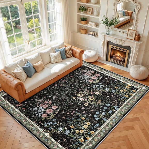 YOUFORTONG 8x8 Square Floral Area Rug,Boho Vintage Non-Slip Washable Low Pile Thin Indoor Carpet for Living Dining Bedroom Office,Black