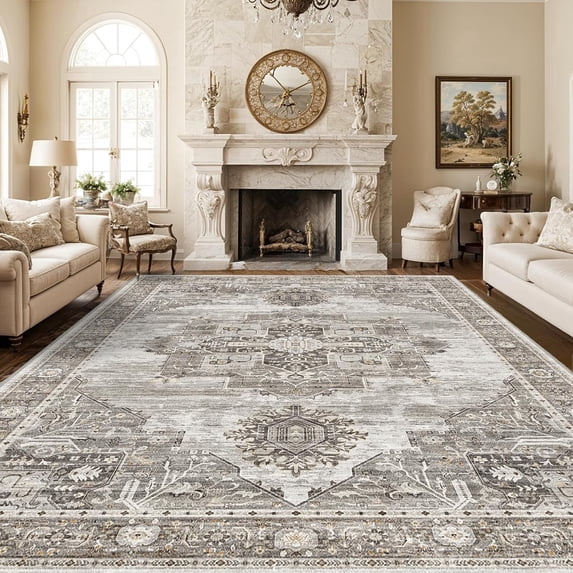 YOUFORTONG 9 x12 Vintage Washable Area Rug,Large Stain Resistant Carpet with Non Slip Backing for Living Room Bedroom Home Decor,Grey