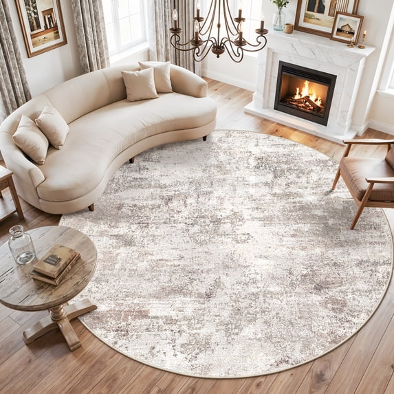 YOUFORTONG 9ft Round Abstract Area Rug, Machine Washable Non-Slip Indoor Rug, Stain Resistant Distressed Carpet for Living Room Bedroom Kitchen Entryway,Brown