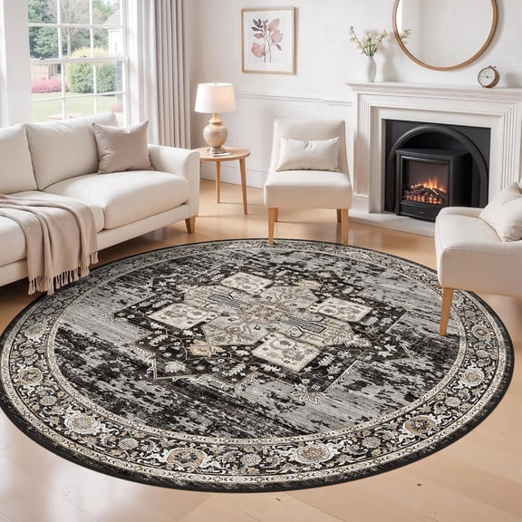 YOUFORTONG 9ft Round Area Rug, Vintage Ultra Soft Non-Slip Indoor Carpet, Stain Resistant Circle Rug for Living Room Bedroom Kitchen Dining Room,Black ﻿
