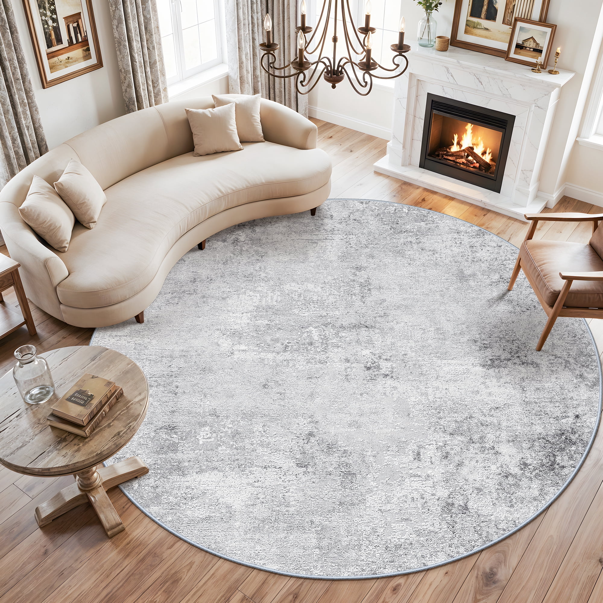 YOUFORTONG 9ft Round Washable Abstract Area Rug, Modern Low Pile Carpet, Soft Non-Slip Stain Resistant Indoor Mat for Living Room Bedroom Dining Room,Grey