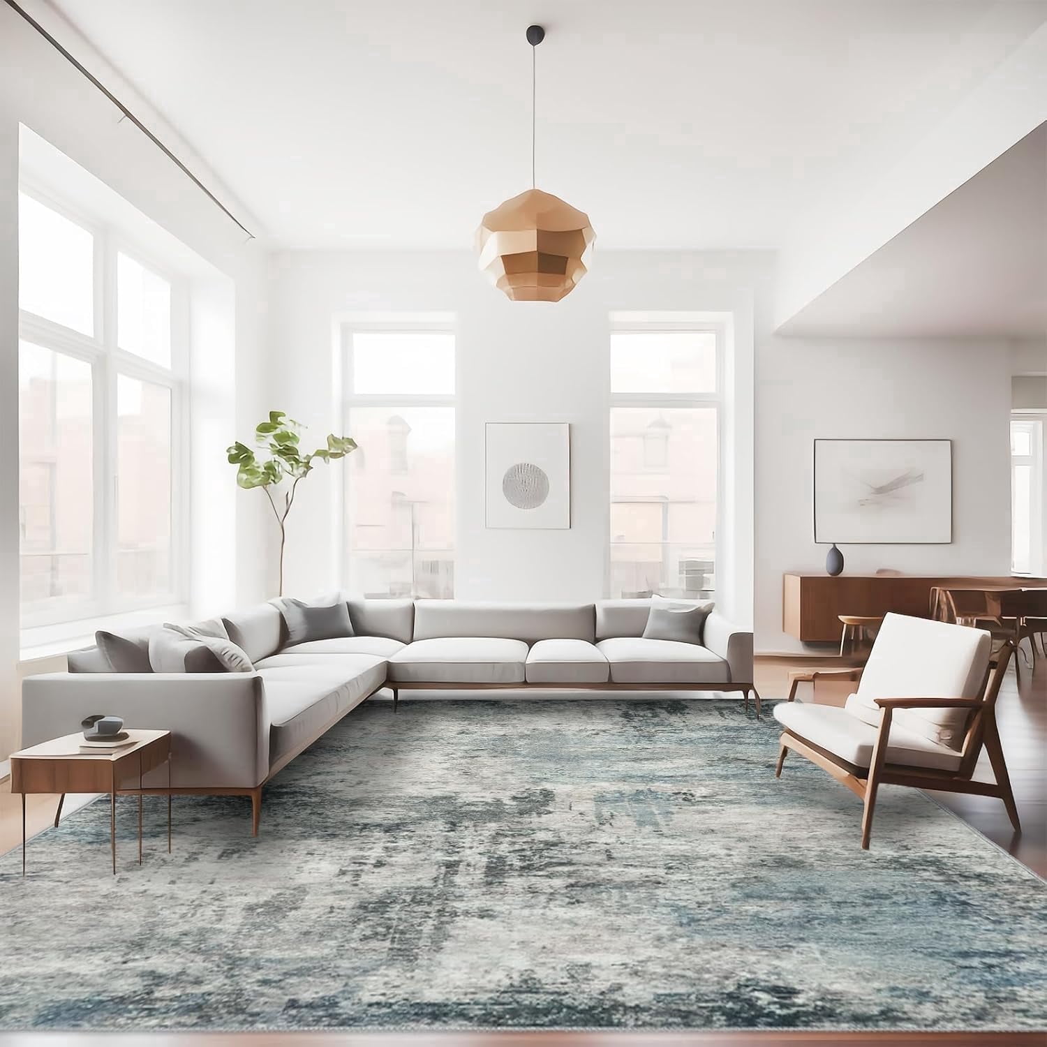 YOUFORTONG 9x12 Abstract Area Rug,Large Washable Indoor Rug,Non-Slip Stain Resistant Distressed Soft Carpet for Living Room Bedroom Farmhouse,Blue
