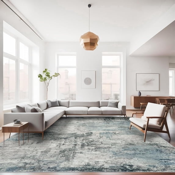 YOUFORTONG 9x12 Abstract Area Rug,Large Washable Indoor Rug,Non-Slip Stain Resistant Distressed Soft Carpet for Living Room Bedroom Farmhouse,Blue