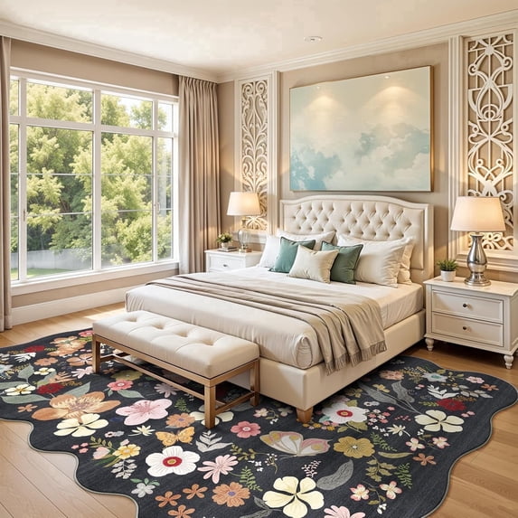 YOUFORTONG 9x12 Washable Area Rug, Vintage Floral Scalloped Large Carpet, Non Slip Stain Resistant Low Pile Soft Thin Rug for Living Room Bedroom Dining Room Kitchen,Black