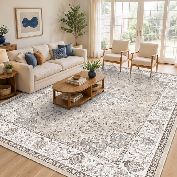 YOUFORTONG 9x12 Washable Oriental Distressed Area Rug, Large Low Pile Stain Resistant Non-Slip Soft Indoor Carpet for Living Room Bedroom Dining Room Farmhouse Home Decor Floor Mat, Beige