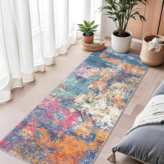 YOUFORTONG Abstract 2'x6' Runner Rug,Washable Non-Slip Wide Carpet,Soft Low-Pile Modern Floor Mat,Stain Resistant for Hallway Entryway Kitchen Bedroom Home Decor,Colorful