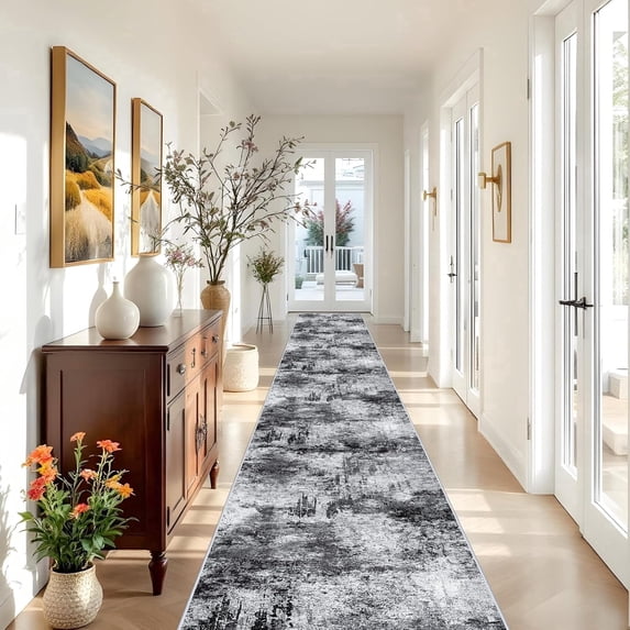 YOUFORTONG Abstract 3'x20' Washable Runner Rug,Soft Distressed Indoor Carpet,Non Slip Rubber Backing,Stain Resistant Floor Mat for Hallway Entryway Living Room Bedroom Kitchen,Black