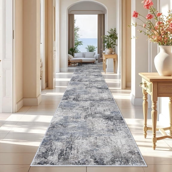 YOUFORTONG Abstract 3'x25' Washable Runner Rug,Soft Distressed Indoor Carpet,Non Slip Rubber Backing,Stain Resistant Floor Mat for Hallway Entryway Living Room Bedroom Kitchen,Blue