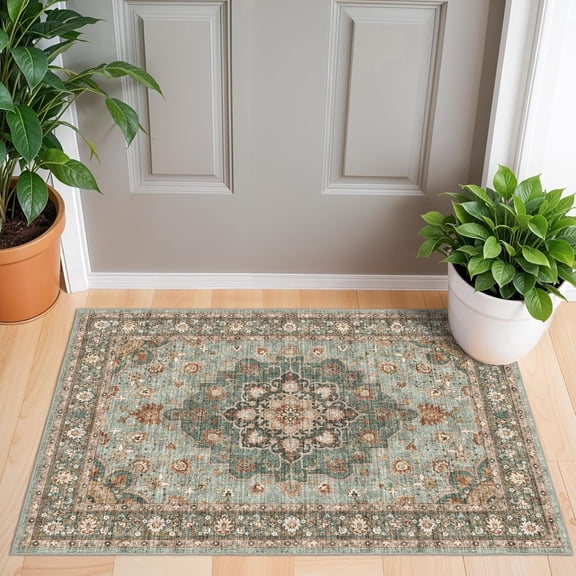 YOUFORTONG Entryway 2x3 Washable Oriental Rug, Floral Distressed Waterproof Stain Resistant Non-Shedding Soft Carpet for Bathroom,Green