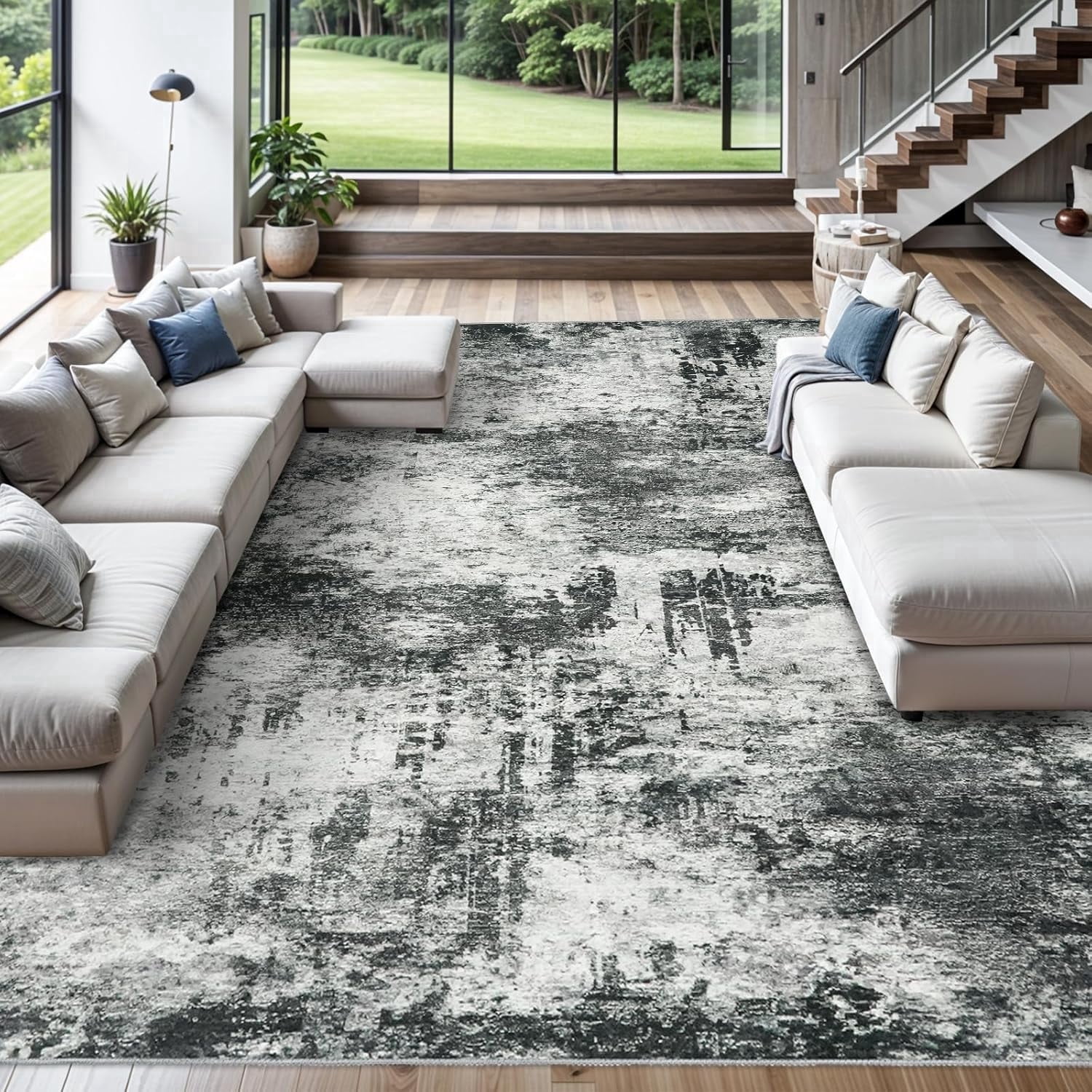 YOUFORTONG Washable 10x14 Abstract Area Rug, Ultra Soft Thin Large Indoor Carpet, Non-Slip Stain Resistant Floor Mat for Living Room Bedroom Home Decor,Black
