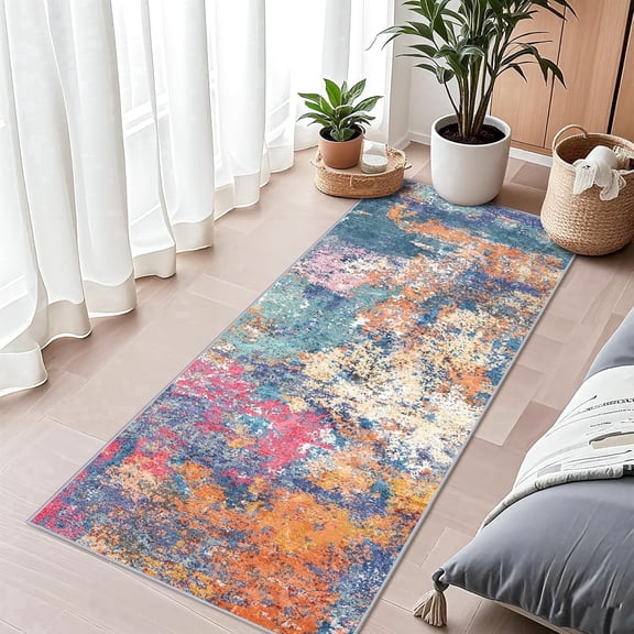 YOUFORTONG Washable 2x5 Hallway Runner Rug,Modern Non-Slip Rubber Backing Thin Super Soft Stain Resistant Indoor Mat for Laundry Bedroom Home Decor,Colorful