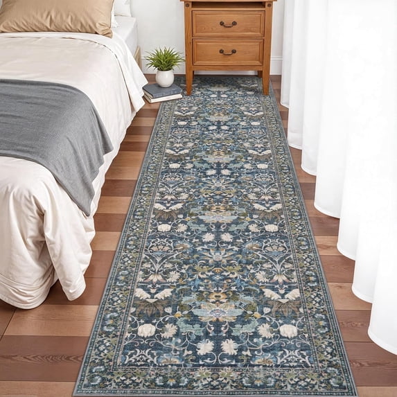 YOUFORTONG Washable 2x8 Hallway Runner Rug,Vintage Water-Resistant Non Slip Indoor Rug,Ultra Soft Low Pile Floor Mat for Kitchen Entryway Living Room Bedroom Bathroom Dining Room,Blue