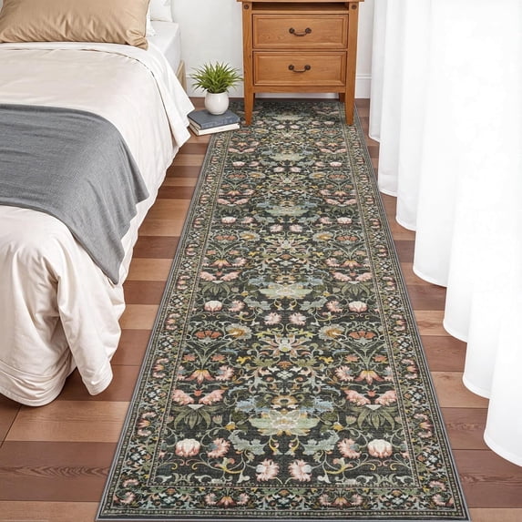 YOUFORTONG Washable 2x8 Hallway Runner Rug,Vintage Water-Resistant Non Slip Indoor Rug,Ultra Soft Low Pile Floor Mat for Kitchen Entryway Living Room Bedroom Bathroom Dining Room,Green