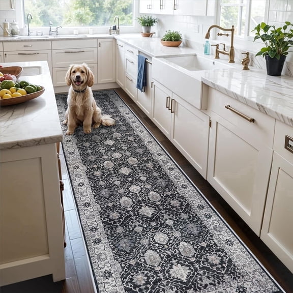 YOUFORTONG Washable 3x25 Extra Long Oriental Runner Rug,Soft Non-Slip Low Pile Thin Stain Resistant Indoor Carpet for Hallway Kitchen Living Room Bedroom,Black