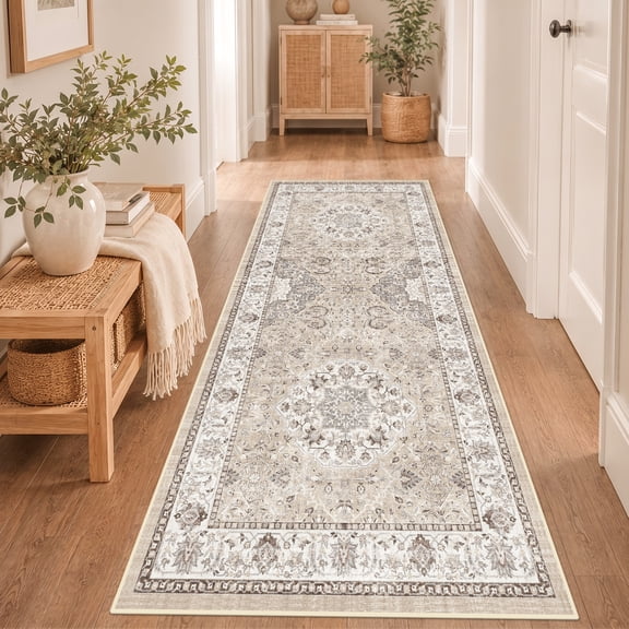 YOUFORTONG Washable 3x7 Hallway Runner Rug, Oriental Farmhouse Soft Indoor Carpet, Thin Non-Slip Stain Resistant Floor Mat for Kitchen Entryway Living Room Bedroom Bathroom Laundry,Beige