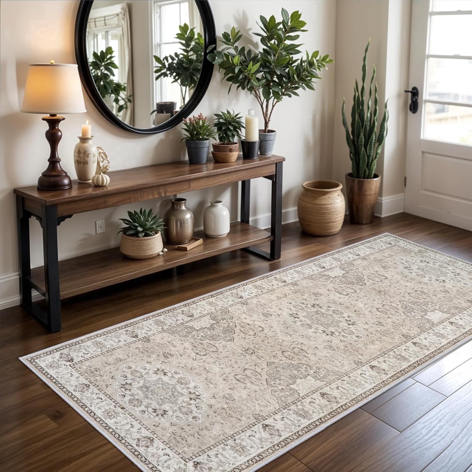 YOUFORTONG Washable 3x7 Hallway Runner Rug, Oriental Farmhouse Soft Indoor Carpet, Thin Non-Slip Stain Resistant Floor Mat for Kitchen Entryway Living Room Bedroom Bathroom Laundry,Beige