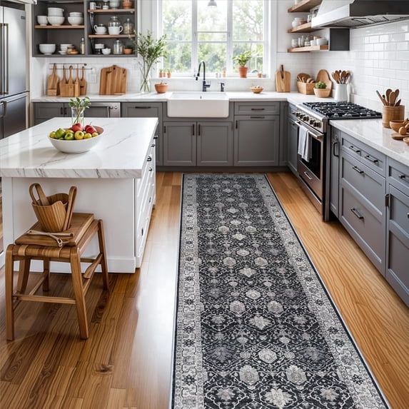 YOUFORTONG 4x10 Hallway Washable Runner Rug,Vintage Soft Non-Slip Farmhouse Rug, Indoor Carpet for Kitchen Entryway Bathroom Living Room Bedroom,Black