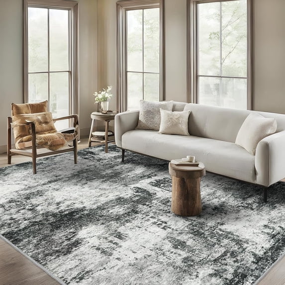YOUFORTONG Washable 8x10 Abstract Area Rug, Ultra Soft Thin Large Indoor Carpet, Non-Slip Stain Resistant Floor Mat for Living Room Bedroom Home Decor,Black