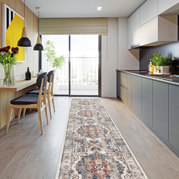 YOUFORTONG Washable Hallway Runner Rug 2'6"x12",Non Slip Vintage Farmhouse Carpet Soft Indoor Floor Mat for Entryway Kitchen Bathroom Living Room Bedroom,Brick