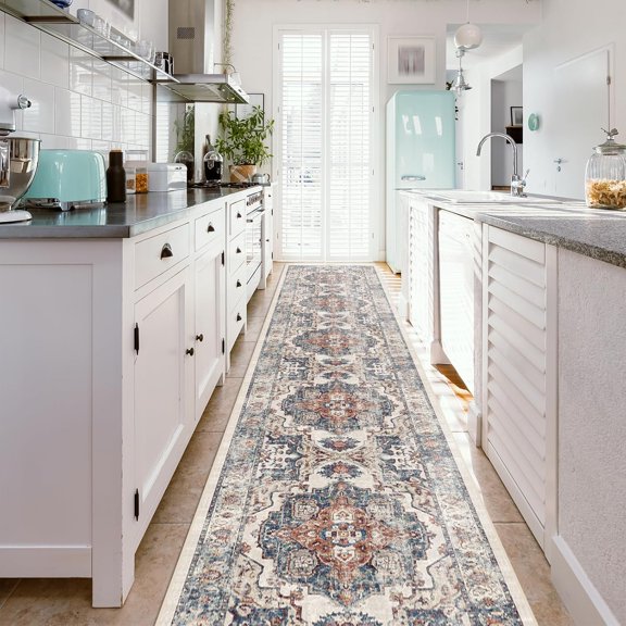 YOUFORTONG Washable Hallway Runner Rug 2'6"x14',Non Slip Vintage Farmhouse Carpet Soft Indoor Floor Mat for Entryway Kitchen Bathroom Living Room Bedroom,Brick