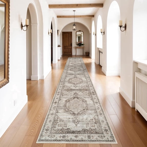 YOUFORTONG Hallway Washable 3’X20’ Runner Rugs,Vintage Extra Long Soft Floor Mat for Living Room,Beige