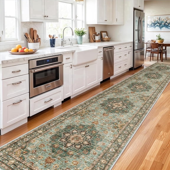 YOUFORTONG Hallway Washable 3X20 Runner Rugs,Vintage Extra Long Soft Floor Mat for Living Room,Green