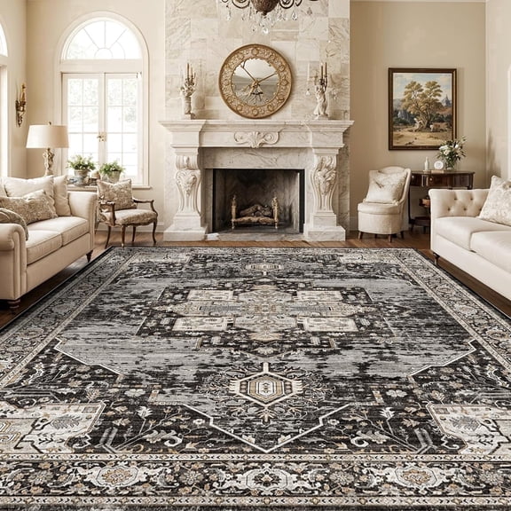 YOUFORTONG Large 10’x14’Washable Vintage Area Rug for Living Room/Bedroom/Office/Dining Room,Soft Carpet, Non Slip,Washable,Black