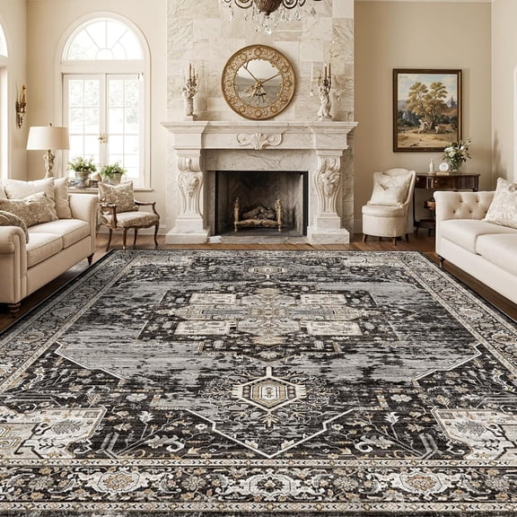YOUFOUTONG Large 10x14Washable Vintage Area Rug for Living Room/Bedroom/Office/Dining Room,Soft Carpet, Non Slip,Washable,Black