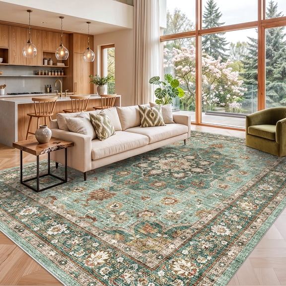 YOUFORTONG Large 10’x14’Washable Vintage Area Rug for Living Room/Bedroom/Office/Dining Room,Soft Vintage Carpet, Non Slip,Washable,Green