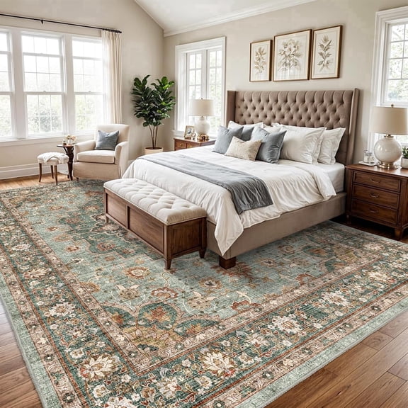 YOUFORTONG Large 10’x14’Washable Vintage Area Rug for Living Room/Bedroom/Office/Dining Room,Soft Vintage Carpet, Non Slip,Washable,Green