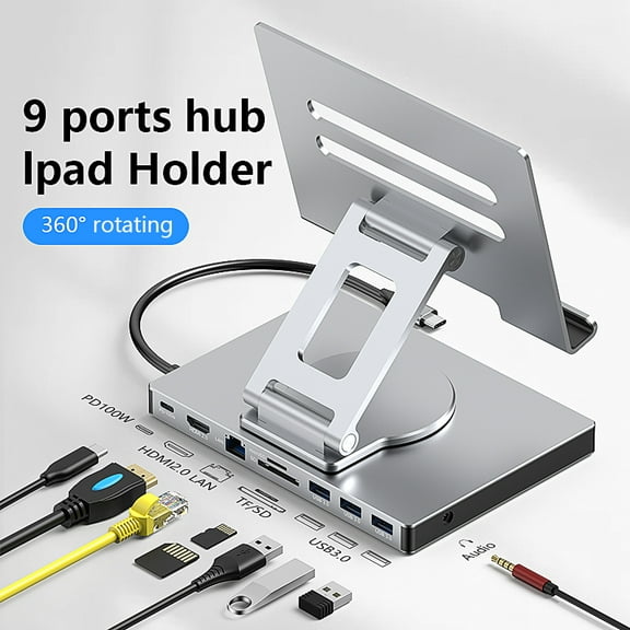 YOUGO Ipad stand USB C Hub 4K 60HZ HD Type-C 100W PD SD/TF Slot Reader USB 3.0 5Gbps 9 In 1 Type-C Hub ipad holder