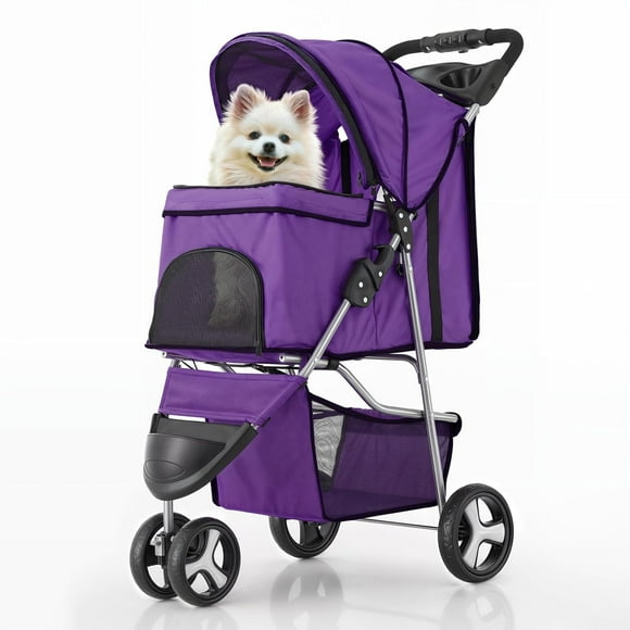 YOUHEDS 3-Wheels Foldable Pet Stroller with Waterproof Cover, Pet Strolling Cart for Small/Medium Dogs and Cats with Storage Basket and Cup Holder, Breathable and Visible Mesh for All-Season, Pink