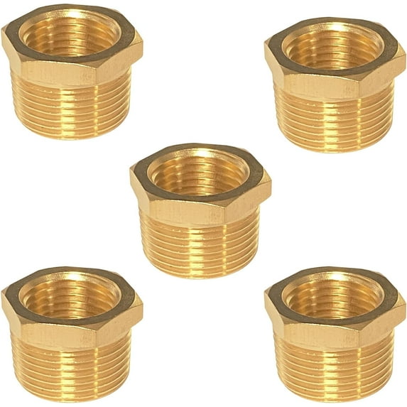 YOUHO 3/4 to 1/4 reducer Brass Threaded Pipe Fitting 3/4 Inch NPT Male x 1/4 Inch NPT Female Hex Bushing Adapter (Pack of5)