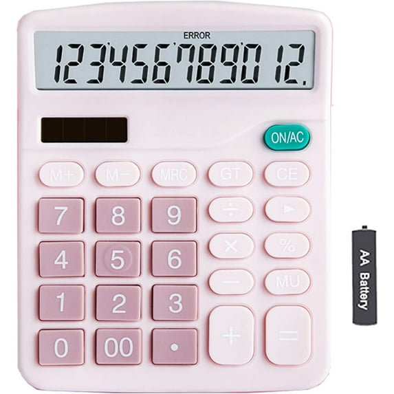 YOUHO Calculator, 12-bit Solar Battery Dual Power Standard Function Electronic Calculator with Large LCD Display Office Calculator Black(ONE Battery) (KK-837B, 1PACK,Pink)