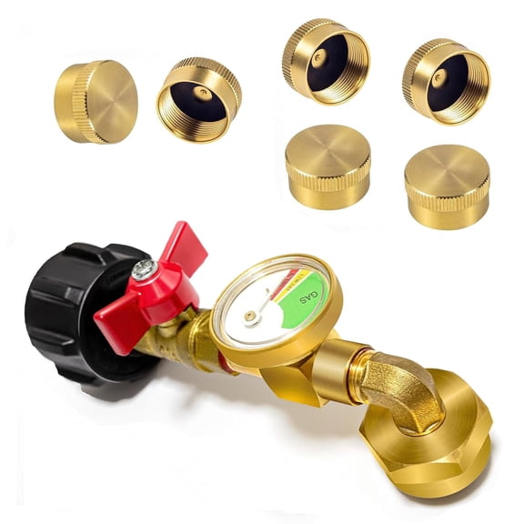 YOUHO Propane Refill Adapter, 1lb 90 Degree Propane Adapter, 20lb to 1lb Converter with Gauge and Control Valve, for Propane Tank, Heater, Grill Stove, 6 Caps Included, Solid Brass