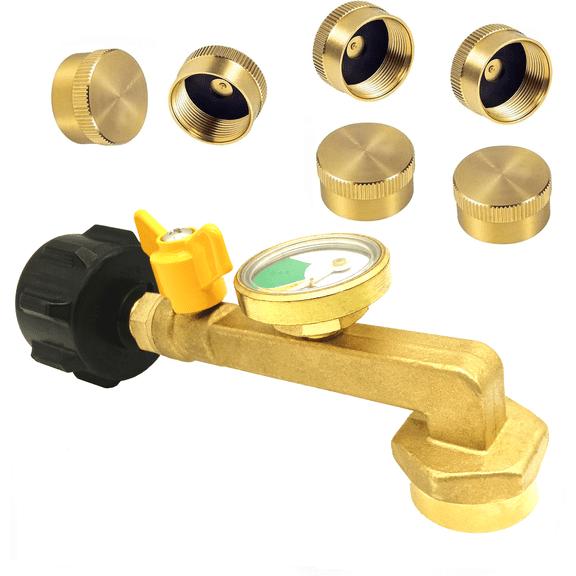 YOUHO Propane Refill Adapter, 1lb 90 Degree Propane Adapter, 20lb to 1lb Converter with Gauge and Control Valve, for Propane Tank, Heater, Grill Stove, 6 Caps Included, Solid Brass