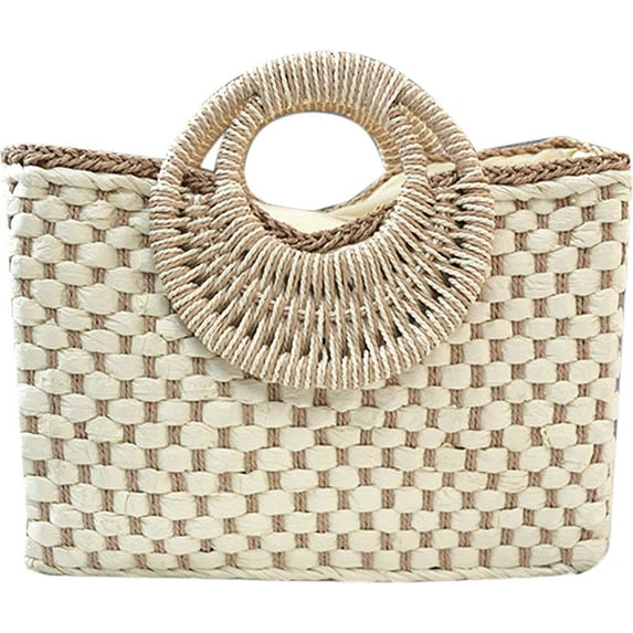 YOUI-GIFTS Hand-woven Straw Bag Women Summer Beach Handbag Purse Retro Rattan Tote Clutch Travel Bag with Wood Round Top Handle