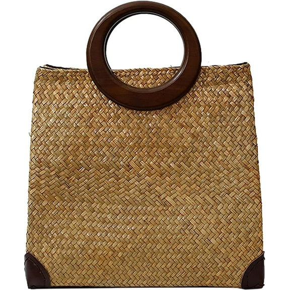 YOUI-GIFTS Hand-woven Straw Bag Women Summer Beach Handbag Purse Retro Rattan Tote Clutch Travel Bag with Wood Round Top Handle