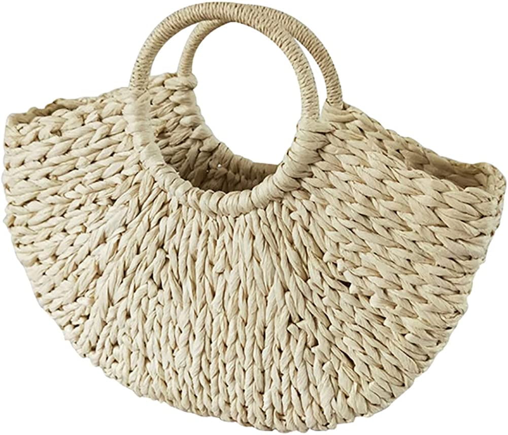  QTKJ Straw Bag for Women, Summer Beach Handmade Rattan Tote Bag,  Round Wooden Handle, Boho Retro Straw Woven Handbag, Large Beach Vacation  Bag (Yellow) : Clothing, Shoes & Jewelry