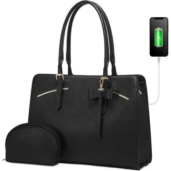 YOUI-GIFTS Laptop Tote Bag for Women, Waterproof PU Leather Work Computer Satchel Bags 15.6 Inch Briefcase Bag with USB Charging Port Office Shoulder Messenger Purse 2pcs Set, Black