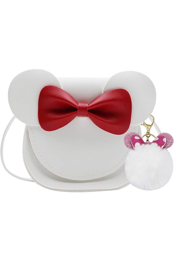 Little Girls Cute Bowknot Crossbody Purse Cartoon Mouse Ear Shoulder Handbag with Pompoms