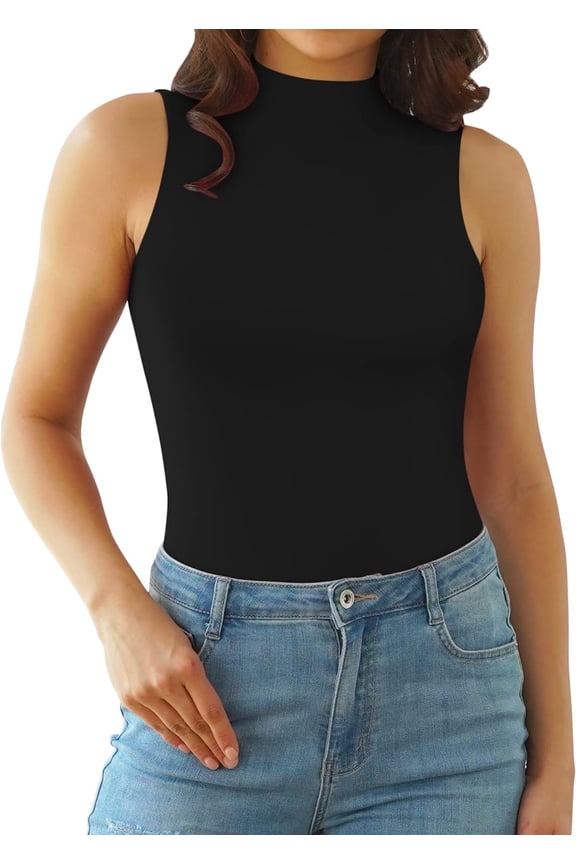 Mock Turtle Neck Sleeveless Long Sleeve Double Lined Bodysuit Tank Tops for Women