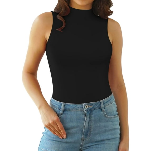 YOUI-GIFTS Mock Turtle Neck Sleeveless Long Sleeve Double Lined Bodysuit Tank Tops for Women