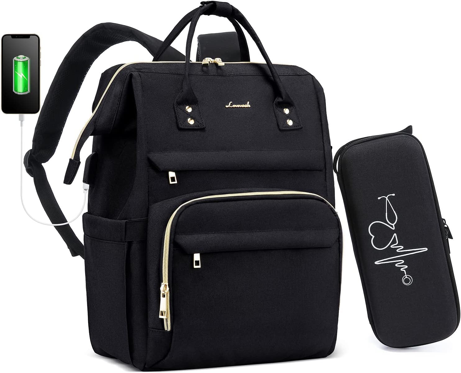 YOUI-GIFTS Nurse Backpack Laptop Backpack for Women with Stethoscope Case & USB Charging Port Anti Theft Travel Backpacks Bookbags Doctor Bag Fits 15.6 Inch Laptop and Notebook, Black