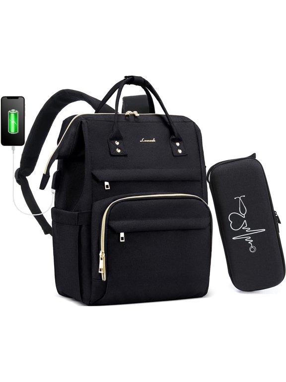 Nurse Backpack Laptop Backpack for Women with Stethoscope Case & USB Charging Port Anti Theft Travel Backpacks Bookbags Doctor Bag Fits 15.6 Inch Laptop and Notebook, Black