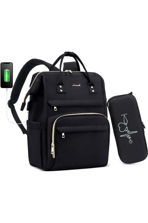Nurse Backpack Laptop Backpack for Women with Stethoscope Case & USB Charging Port Anti Theft Travel Backpacks Bookbags Doctor Bag Fits 15.6 Inch Laptop and Notebook, Black