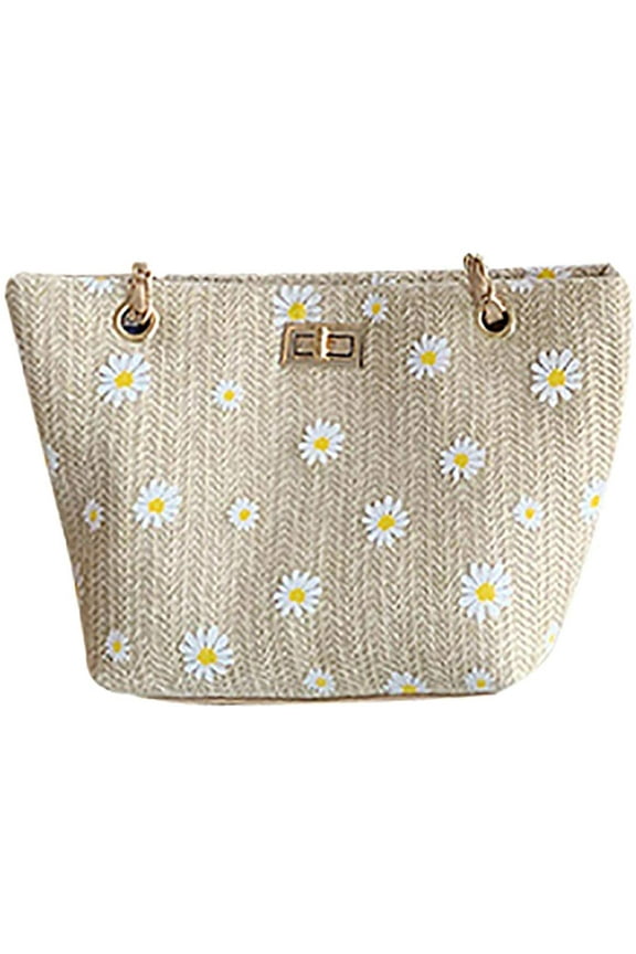 Women Handmade Rattan Shoulder Bag Daisy Printed Beach Handbag Handwoven Tote Bag Turn Locks Casual Bag