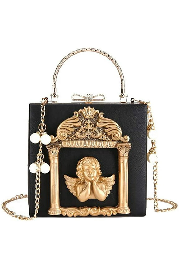 Women's Love Angel Embossed Clutch Evening Bag Bowknot Snaps Crossbody Purse Chain Baroque Shoulder Bag