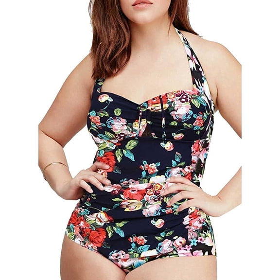 YOUI-GIFTS Women's One Piece Bathing Suit Tummy Control Swimwear Halter Ruched Swimsuit Plus Size Vintage Monokini